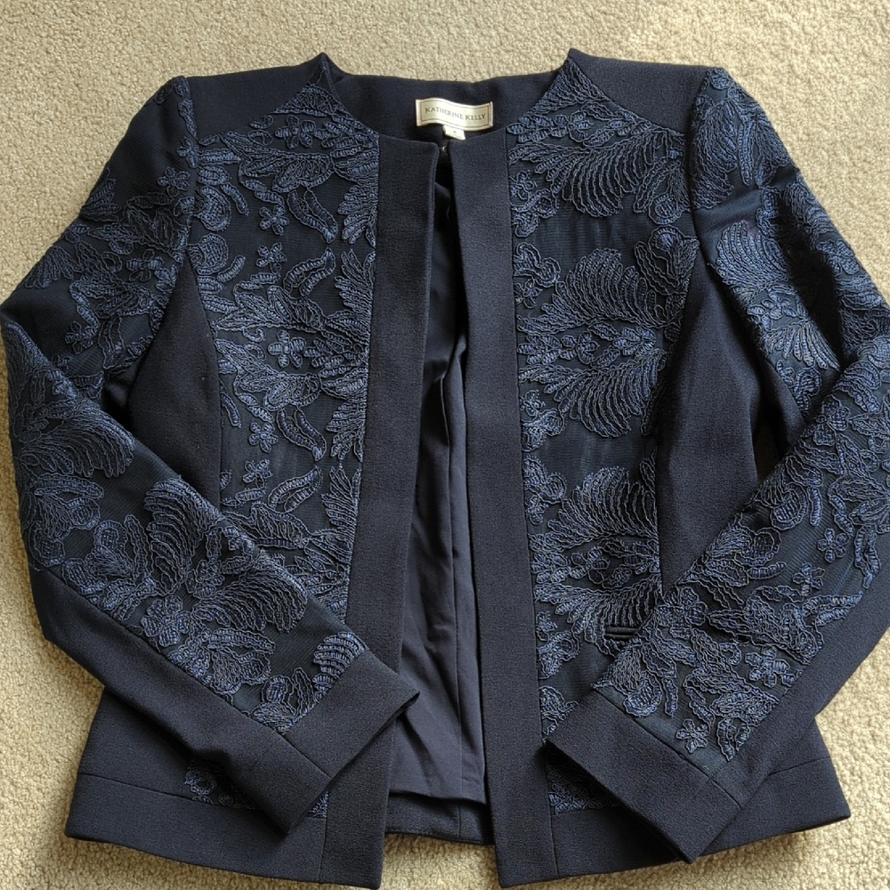 Katherine Kelly Navy Embroidered Open-Front Blazer